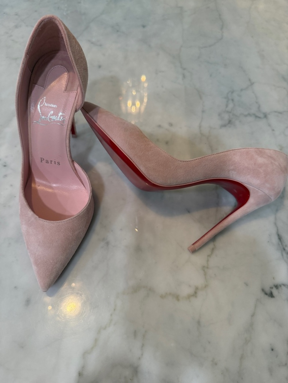 Christian Louboutin Blush Suede Pointed Stiletto Pumps with Red Sole